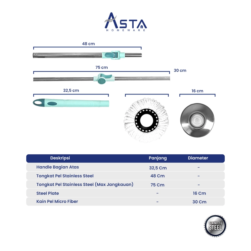 Product image Asta Homeware Official - Tongkat Pel Spin Mop / Gagang Pel Spin Mop + Kain Pel Bunda Mop Warna Soft Choco