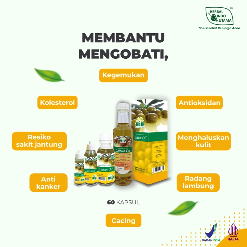 Product image Herbal Indo Utama - ZAITUN OIL Minyak Zaitun Olive Oil Minyak Sehat Berbagai Manfaat Isi 60 ML ZAITUN OIL