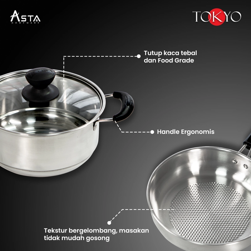 Product image Asta Panci Stainless Steel Asta Tokyo Tebal Set Lengkap 7 Pcs Warna Stainless Steel