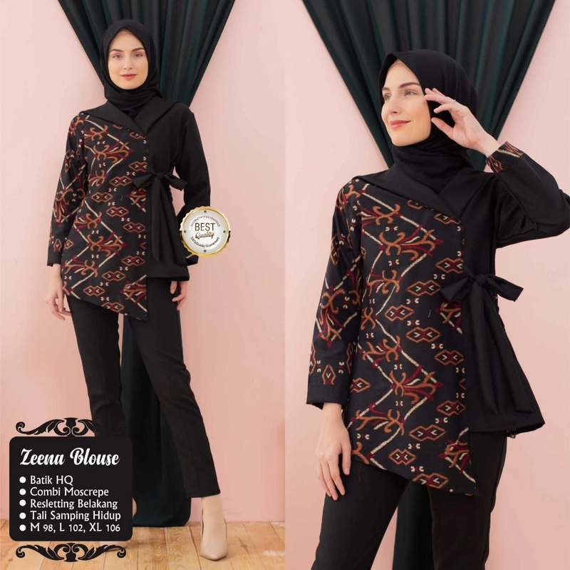 Product image Kois Batik - Atasan Batik Wanita Blouse kekinian kombinasi Zeena Baju kerja M Hitam