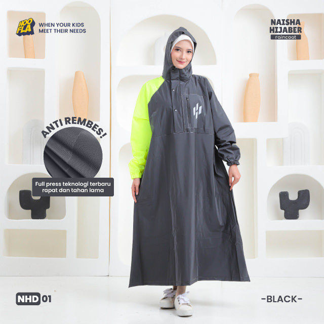 Jas Hujan Perempuan Dewasa Naisha Hijaber Raincoat Black (01)