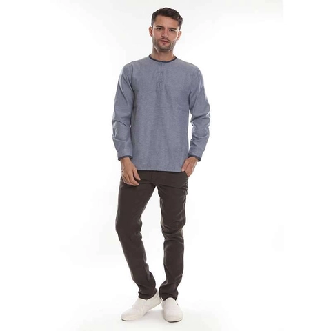 2nd Red - Baju Koko TP Kerah Bulat Aksen Denim Blue Grey 182103
