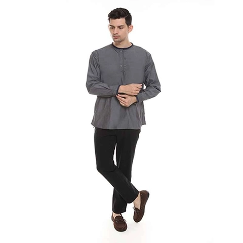 2nd Red - Baju Koko Premium Kerah Bulat Aksen Denim DK Grey 182101