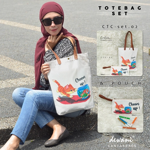 Dewani - Totebag Vintage Set CTC-S02 Tas Kanvas Seri Kucing Kartun