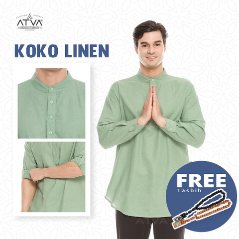 ATVA Baju Koko Pria Linen Tangan Panjang Warna Mint atau sage green