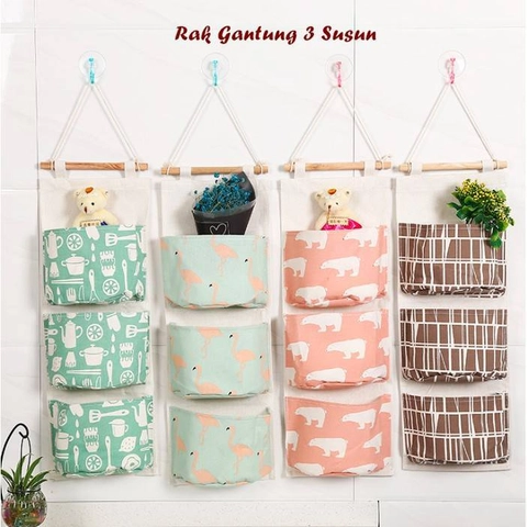 Blooming Deal Jakarta - Rak Gantung Multifungsi 3 Susun / Rak Kantong Kain Kanvas 3 Pouch (RAK-GANTUNG) 1 Pcs Random