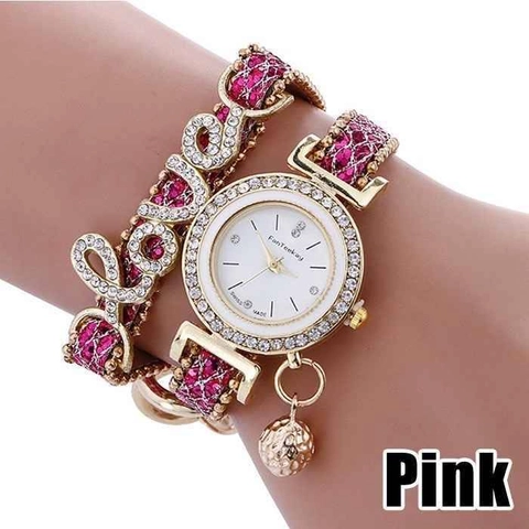 Cannies Stores Id - Jam Wanita Diamond LOVE Bracelet Quartz Analog Women Leather Watch SW086