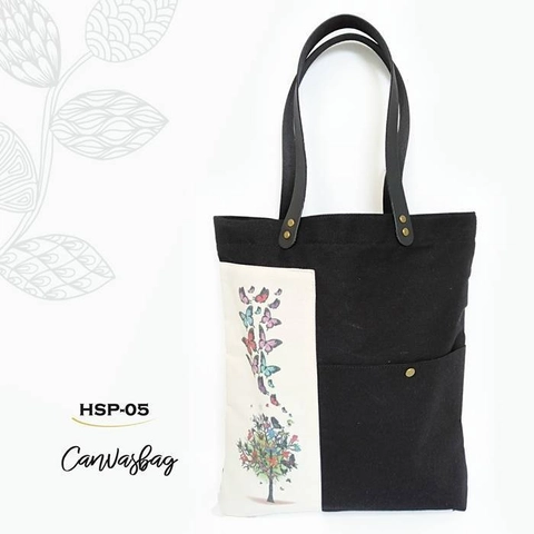 Dewani - Totebag Canvas Hitam HSP-05 + Risleting & Saku