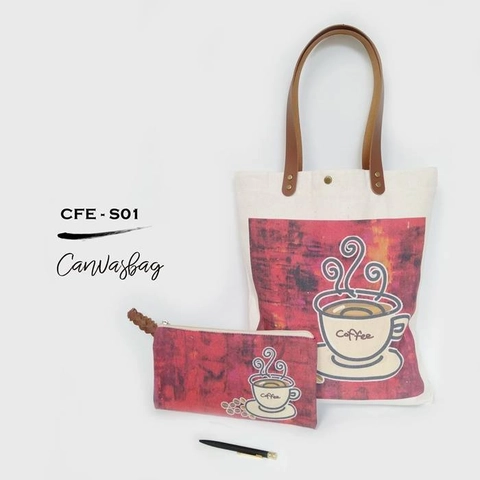 Dewani Totebag SET CFE-01, Totebag & Pouch Canvas Vintage Seri Coffee