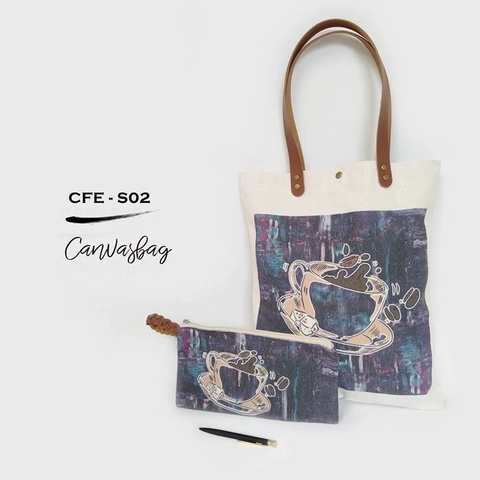 Dewani Totebag SET CFE-02, Totebag & Pouch Canvas Vintage Seri Coffee