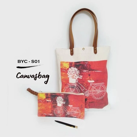 Dewani Totebag SET BYC-01, Totebag & Pouch Canvas Vintage Seri Sepeda