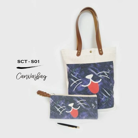 Dewani Totebag SET SCT-01, Totebag & Pouch Canvas Vintage Seri Silhouette Cat
