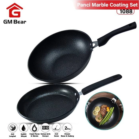 GM Bear Frypan Set Marble Coating 2pcs 1088 - Panci Set Wajan Penggorengan