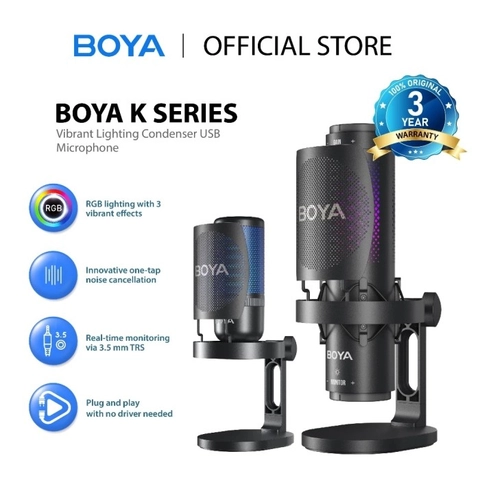 BOYA K Series Mikrofon USB Kondensor Dekstop Plug and Play Mic Super-Cardioid dengan Inovasi Peredam Kebisingan 1x Tap dan Fitur Pencahayaan RGB Internal untuk Podcaster Vokalis Gamer Streamer
