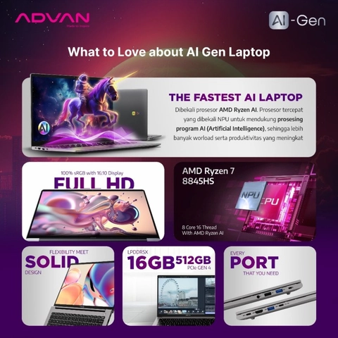 Advan Laptop AI Gen Ryzen 7 8845HS AMD Ryzen AI 16GB 512GB Windows 11