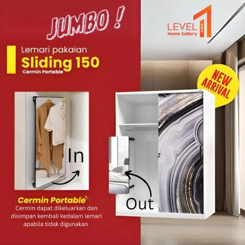 Level One Home Gallery - Lemari Pakaian 2 Pintu Sliding Besi Metal Pintu Geser Wardrobe Cermin Portable | Uk. 150 cm x 195cm Brankas Besar Jumbo Minimalis Estetik Mewah Premium Terjangkau Murah Plat Tebal