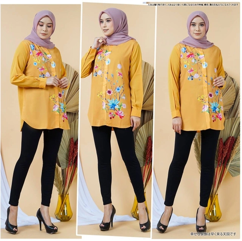 Syahrinda - Blouse Kuning Gold Bunga Simply