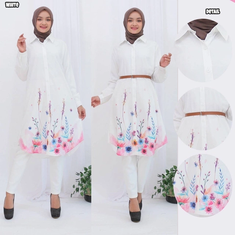 Syahrinda - Tunik Kancing Kemeja Putih Bunga Cindy Printed