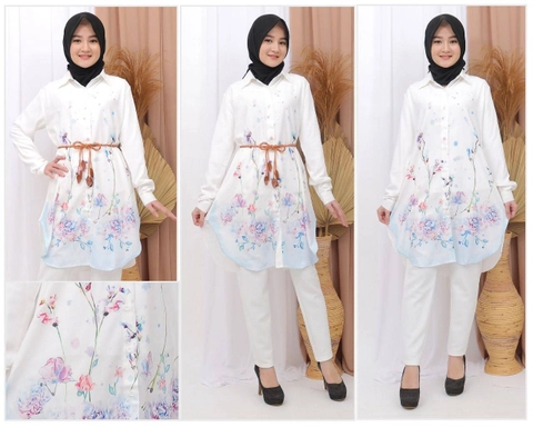 Syahrinda - Tunik Kancing Kemeja Putih Bunga Salju Printed