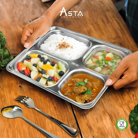 Asta Homeware Official - Asta Piring Makan Stainless 4 Sekat + Tutup Tebal Food Tray Stainless