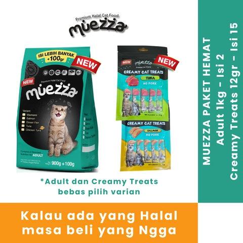 Muezza - Muezza PAKET HEMAT Makanan Kucing Adult 1 kg - Isi 2 dan Creamy Treats 12 gr - Isi 15