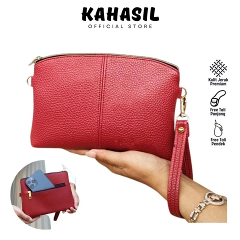 KAHASIL - Tas Dompet Selempang Sling Bag Pouch Clutch Wanita 3in1 Bahan Kulit Jeruk Papirut KHDP87