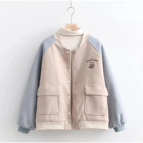 ALUS - Jaket Wanita Baby Bear Bisbol Kancing Varsity Bahan Fleece
