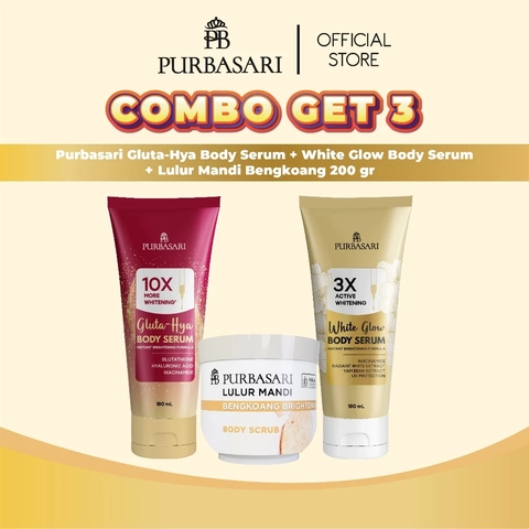 Purbasari - [COMBO SUPER] Body Serum 180ml Gluta Hya + White Glow dan Lulur Mandi Bengkoang