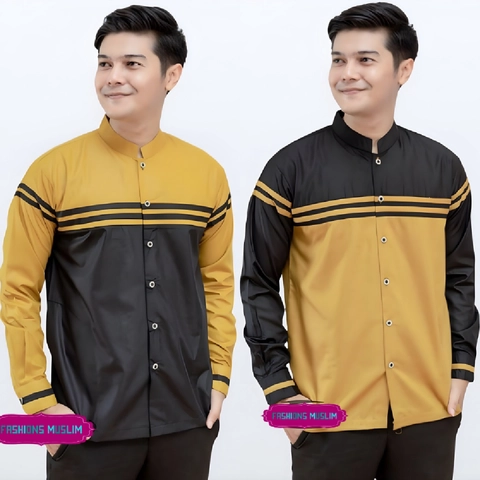 Kois Batik - Baju koko muslim pria dewasa mustad kombinasi hitam lengan panjang