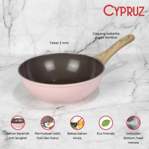 Cypruz Official Surabaya - Cypruz Pink Ceramic Series Gg Putih Kayu Fry WOK 24cm 6X1 FP-0901