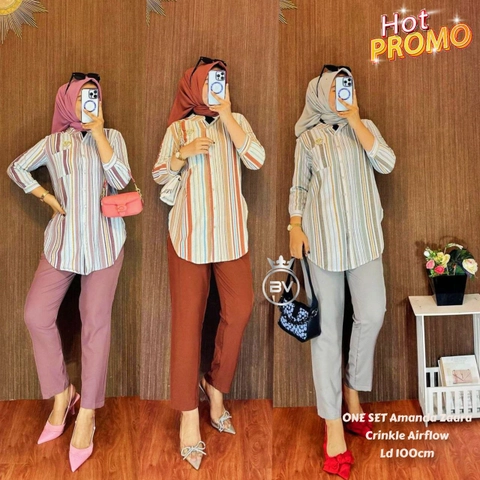 Valencia - Amanda Zahra One Set Wanita Kemeja Import Crinkle Airflow Setelan Wanita Celana Panjang Lengan 7/8 L