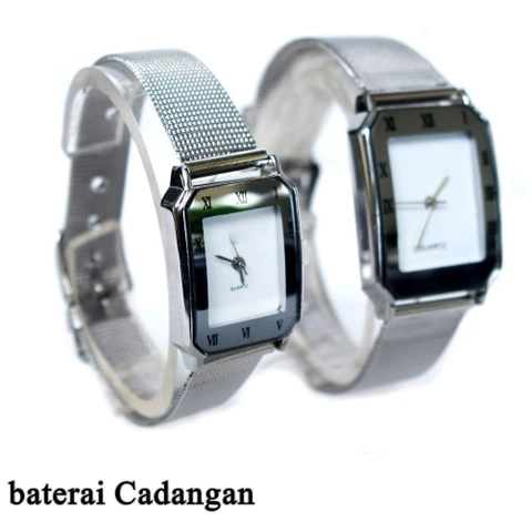 Lanc Fashion - jam Silver Stainless Pasir Analog Couple Pasangan Kotak Tetragon