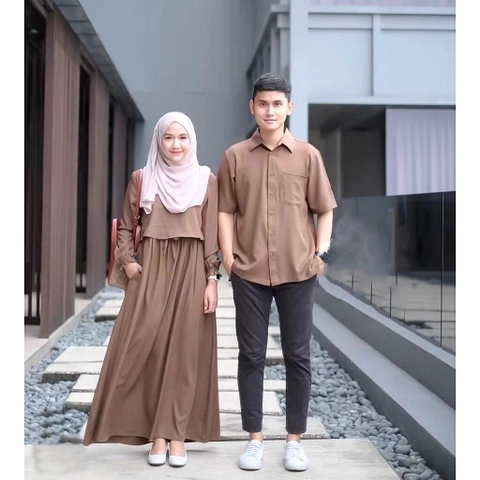 Muslim Clothing - Muslim Clothing-Domino Couple Baju Pasangan Cp Setelan Dress Gamis + kemeja Koko Remaja Wanita pria