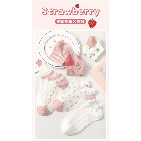 Beatdrop - Kaos Kaki Wanita Lucu Fashion Motif Strawberry isi 5 Pasang/Set Random