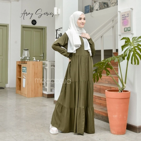 mocaca id - Gamis Polos Premium Babydoll Lady Dress Rayon Twill Full Kancing Hidup Busui Army
