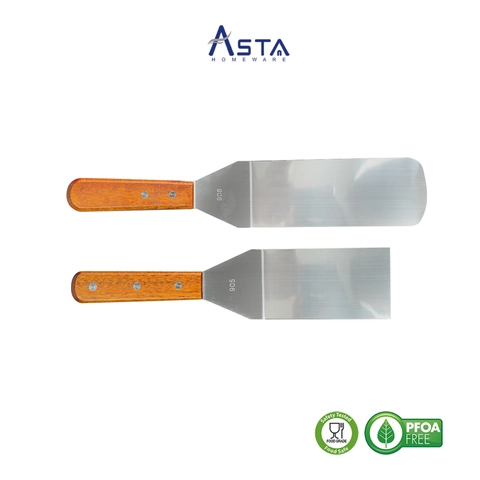 Asta Spatula Bengkok Teppanyaki Kape Burger Roti Stainless Asta Gagang Kayu 31 dan 36 cm