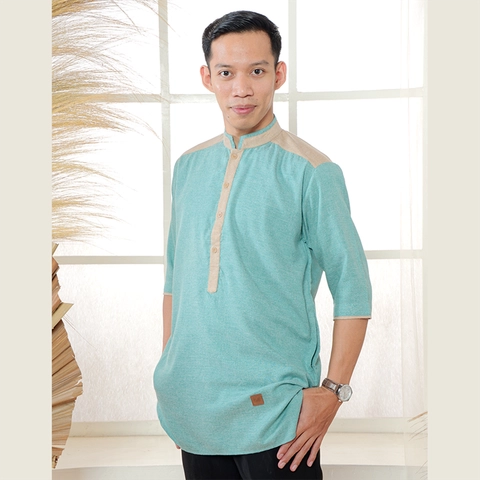 MOSCOU - Baju Kemeja Koko Kemko Kurta Qurta Pakistan Muslim Lebaran Pria Dewasa Lengan Pendek 3/4 Casual Formal Elegan Katun Madinah Premium Motif Kancing Sanghai Shanghai Cina Terbaru Original Keren Murah Hijau Wardah Turquoise Khaki