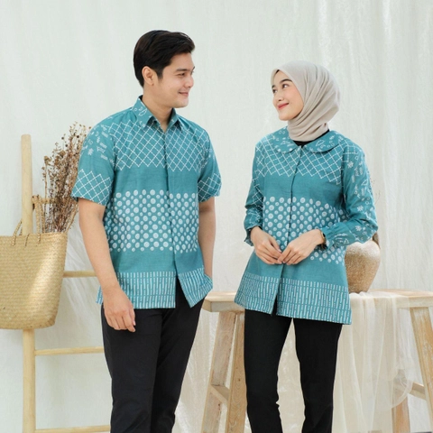 Kois Batik - Atasan Batik Coupel Hem dan Blouse Kekinian simpel Modern Motif jaring sage