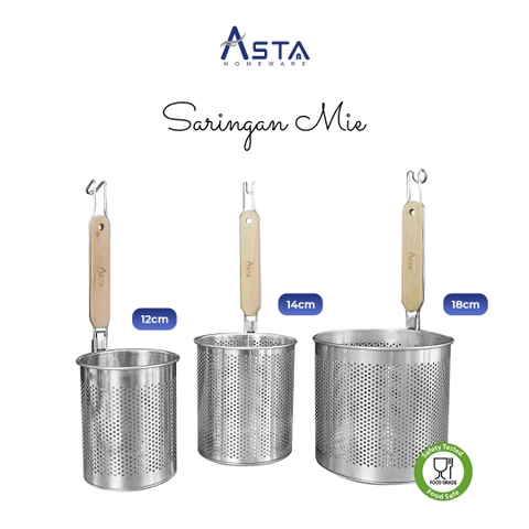 Asta Saringan Mie Ayam Stainless Bihun Sayuran Strainer Tahan Karat Gagang Kayu