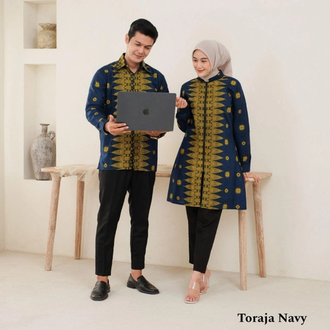 Batik Mafaza - Batik Modern Kekinian Atasan Kemeja dan tunik coupel bisa dipisah motif toraja navy