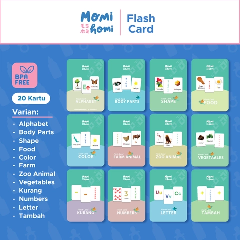 MOMI HOMI Flash Card 01 Edukasi Anak Belajar Membaca Menghitung Angka Nama Hewan Buah Sayur Food Kid