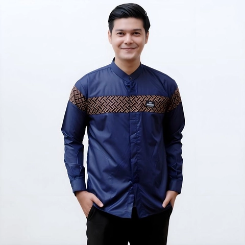 Kois Batik - Baju koko dewasa kombinasi batik lengan panjang terbaru warna biru navy