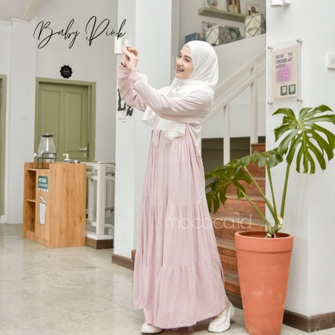 mocaca id - Gamis Polos Premium Babydoll Lady Dress Rayon Twill Full Kancing Hidup Busui Baby Pink