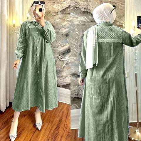 Muslim Clothing - Muslim Clothing-Gaudi Midi Dress Wanita Muslim Katun Salur Mix Brukat Premium OOTD Casual Daily