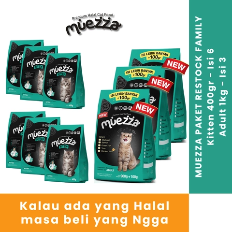 Muezza - Muezza PAKET RESTOCK FAMILY Makanan Kucing Adult 1 kg - Isi 3 dan Kitten 400 gr - Isi 6