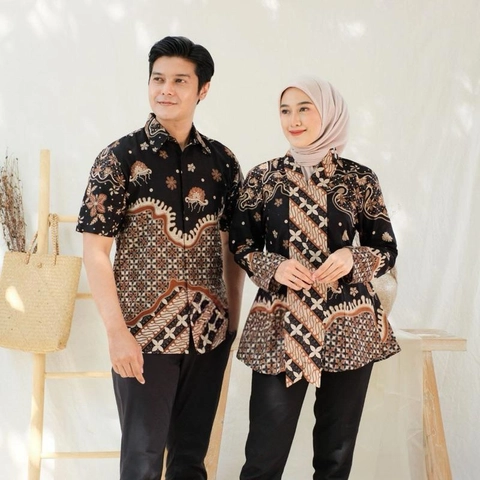 Kois Batik - Atasan Batik Coupel Hem Pria Dan Blouse Wanita Baru Motif bintang hitam
