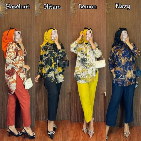 Valencia - Malla Set - One Set Wanita Kemeja Shakila Import Twill Premium Setelan Baju Lengan 7/8 Set Celana P