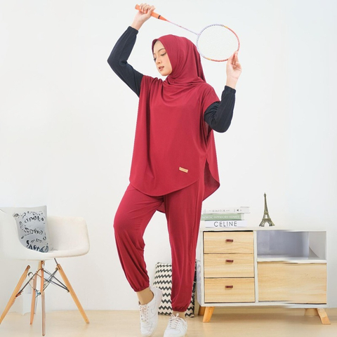 HELAIRINDU - Setelan Hijab Olahraga Wanita Outer Hijab dan Celana Bahan Royal Jersey