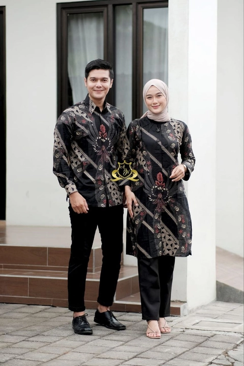 Batik Alfin - Baju batik atasan tunik mahkota Hitam coupel model terbaru bagus banget