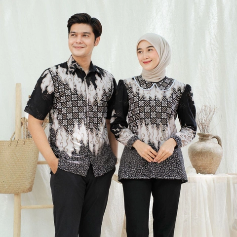 Kois Batik - Atasan batik pria dan wanita baju kerja hem dan blouse bisa dipisah motih seroja hitam